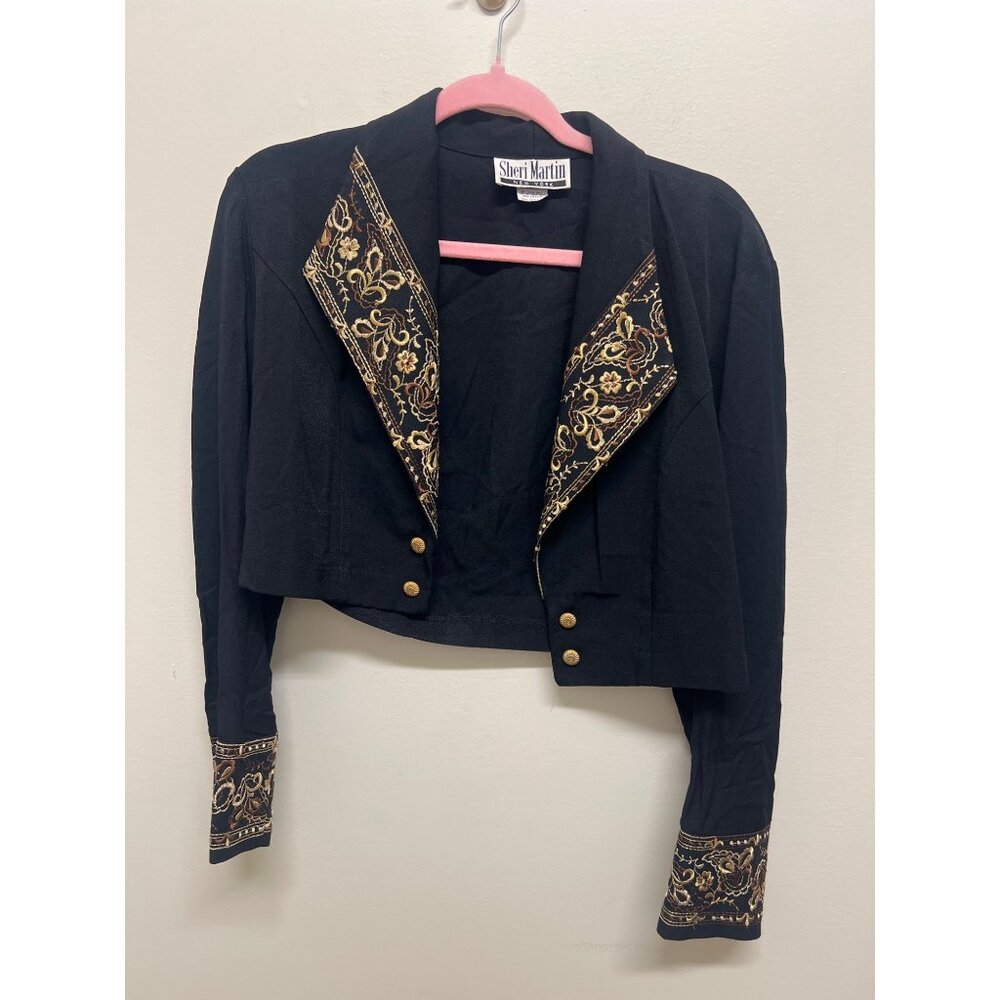 Vintage Sheri Martin Black Cropped Bolero Embroidered Jacket Sz 10 - Picture 1 of 8